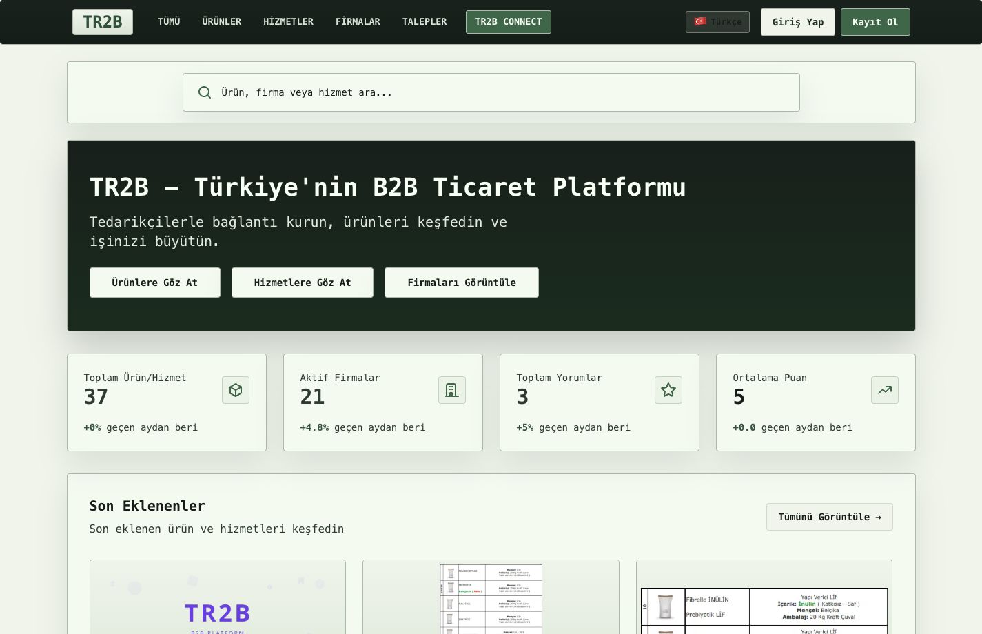 TR2B ana sayfa, arama ve son eklenenler görünümü