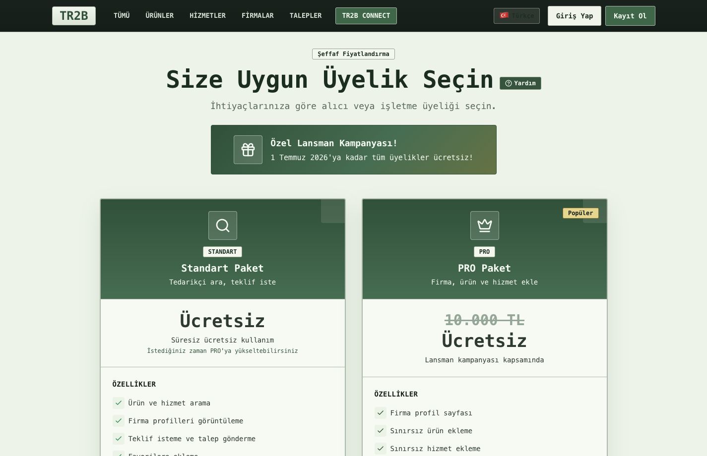 TR2B Standart ve PRO üyelik karşılaştırması